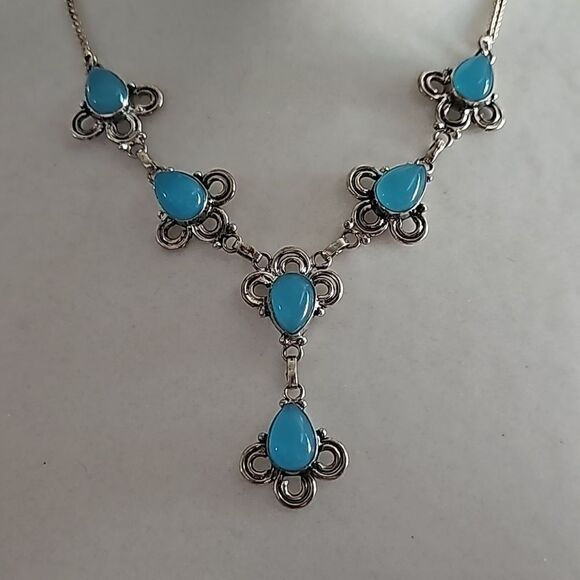 Blue Chalcedony Stone Necklace 18" Silver Plated - Picture 2 of 6